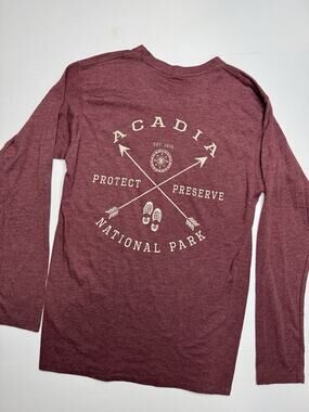 Acadia National Park Long Sleeve T Shirt Mens Medium Maroon Hiking Outdoor